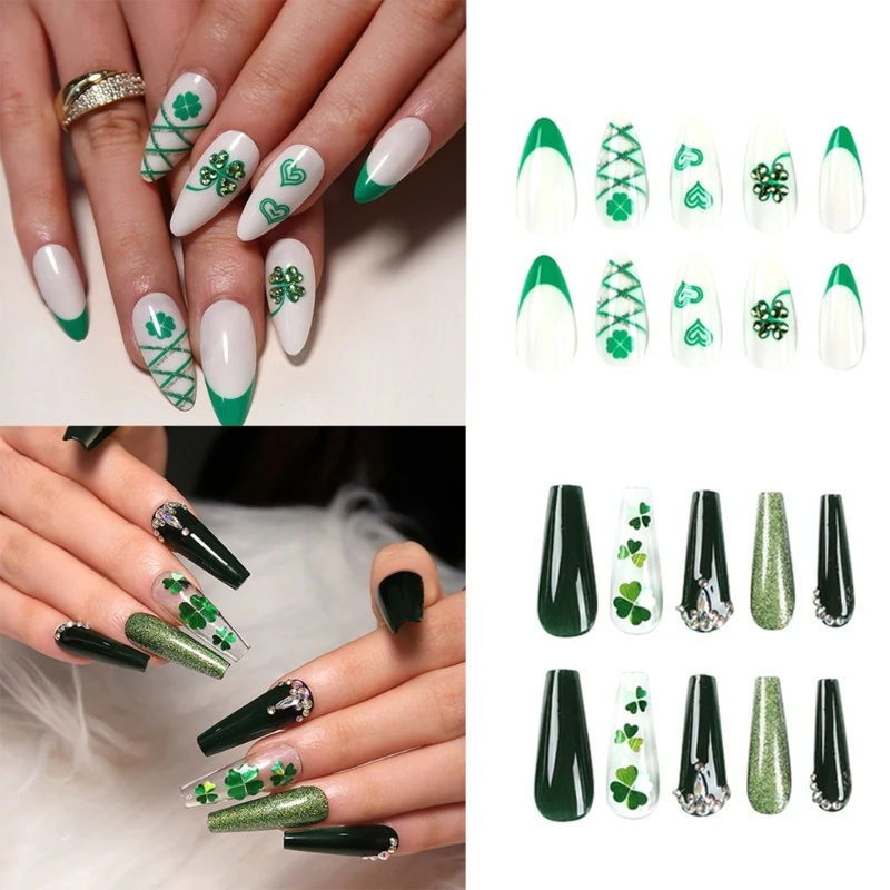 24pcs Detachable Simple Love Heart Press on Nail Fake Nail False Nail French Four-leaf Clovers Long Almond Nail