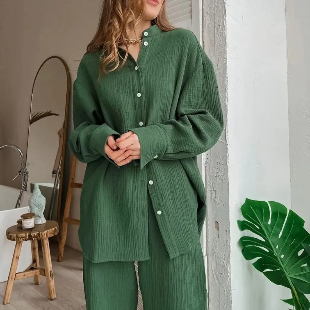 

Women's Elastic Washed Wrinkle Suit Casual Long Sleeve 2-Piece Pajamas Set Comfortable Home Wear Trousers