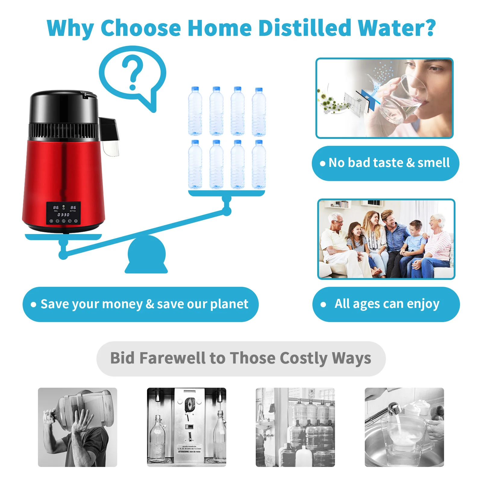 SucceBuy 1.1Gal جهاز تقطير المياه 0.3Gal/H 750W آلة صنع المياه المقطرة 0-99H توقيت عرض درجة الحرارة المزدوجة 304 الفولاذ المقاوم للصدأ