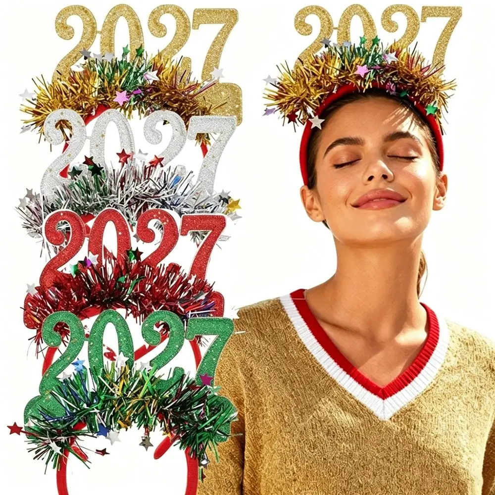 Adjustable Size 2027 Christmas Headband Glitter Sequined Light-Up Function Party Hair Hoop Flexible Design Plastic Frame