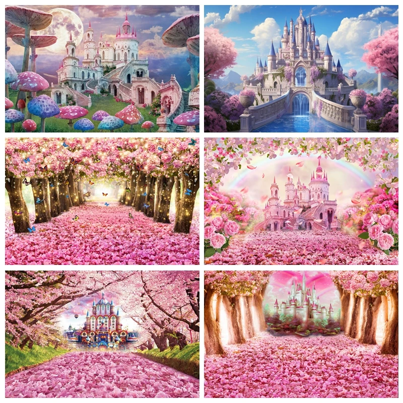 

Fairy Tale Castle Photography Backdrop Wonderland Spring Floral Rainbow Garden Background Birthday Party Decor Photobooth Props