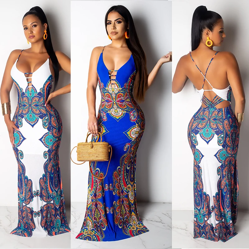 

2023 Summer Fashion African Dress For Women Sexy Backless Spaghetti Strap Ethnic Printed Bodycon Maxi Dresses Female Vestidos