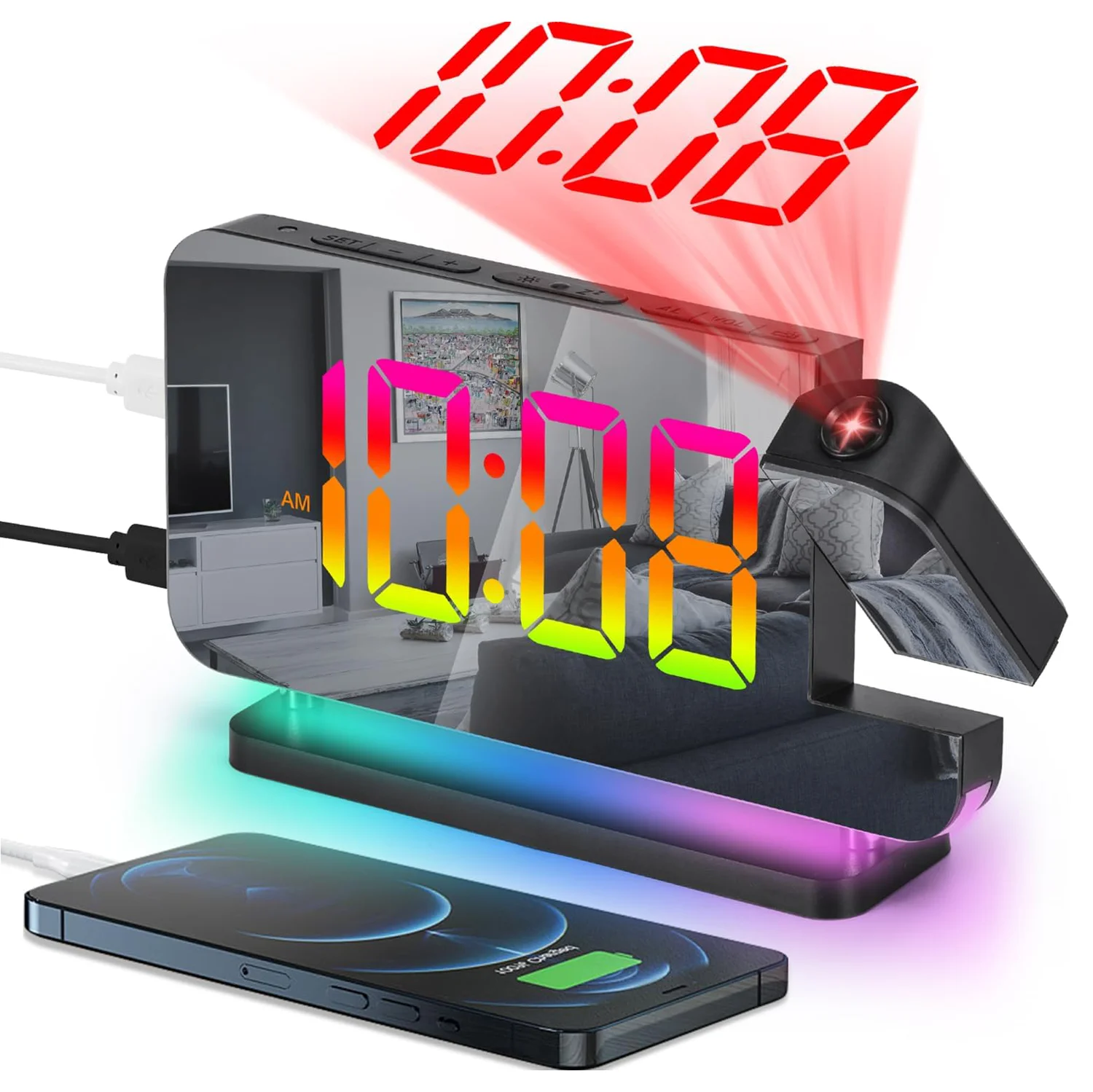 RGB Projection Alarm Clock Digital Mirror Clock with 180° Rotatable Projector RGB Night Light Auto Dimmer LED Desk Bedside Clock