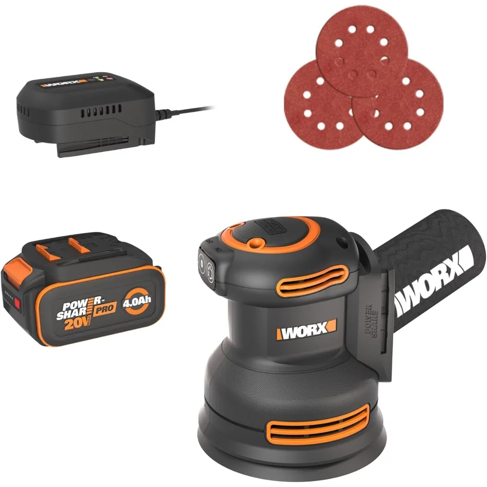 

Worx 20V Cordless Random Orbital Sander, Brushless, 150/120/80 Grit Sanding Paper, Cordless Orbital Sander with 1 x 4.0 Ah Batte