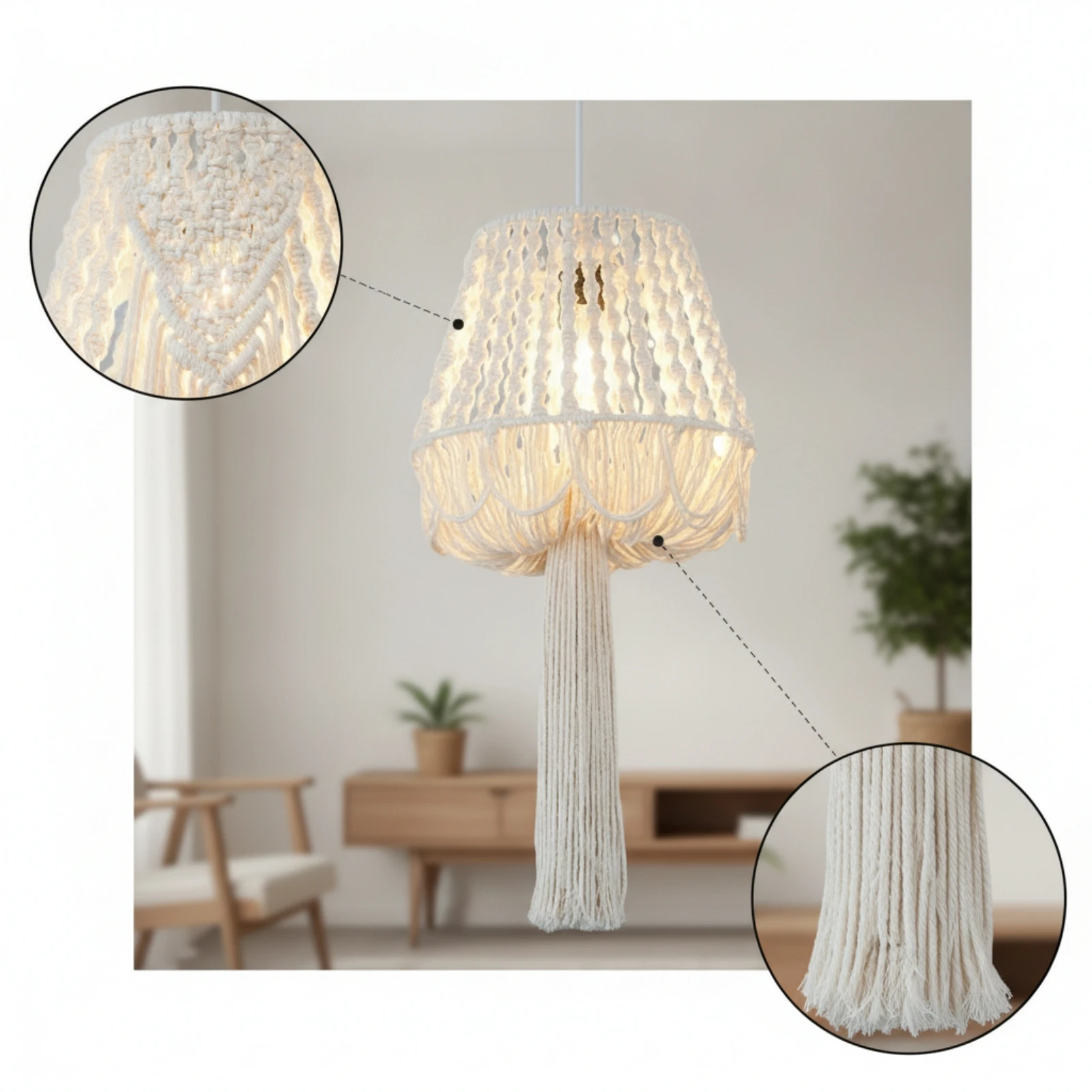 Boho Lampshade with Tassel Bohemian Macrame Lampshade Macrame Lamp Shade Textured Tassel Lamp Shade Cotton Rope for Bedroom