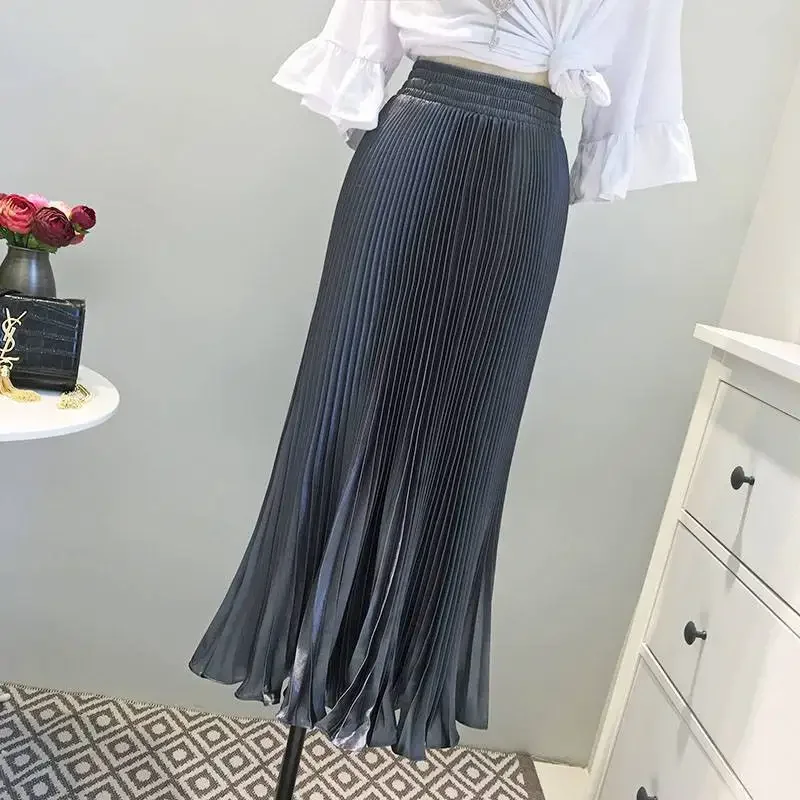 Falda plisada de acordeón Vintage de cintura alta, colección de primavera y otoño, vestido largo ondulado ancho de Color metálico, Fis de satén para mujer