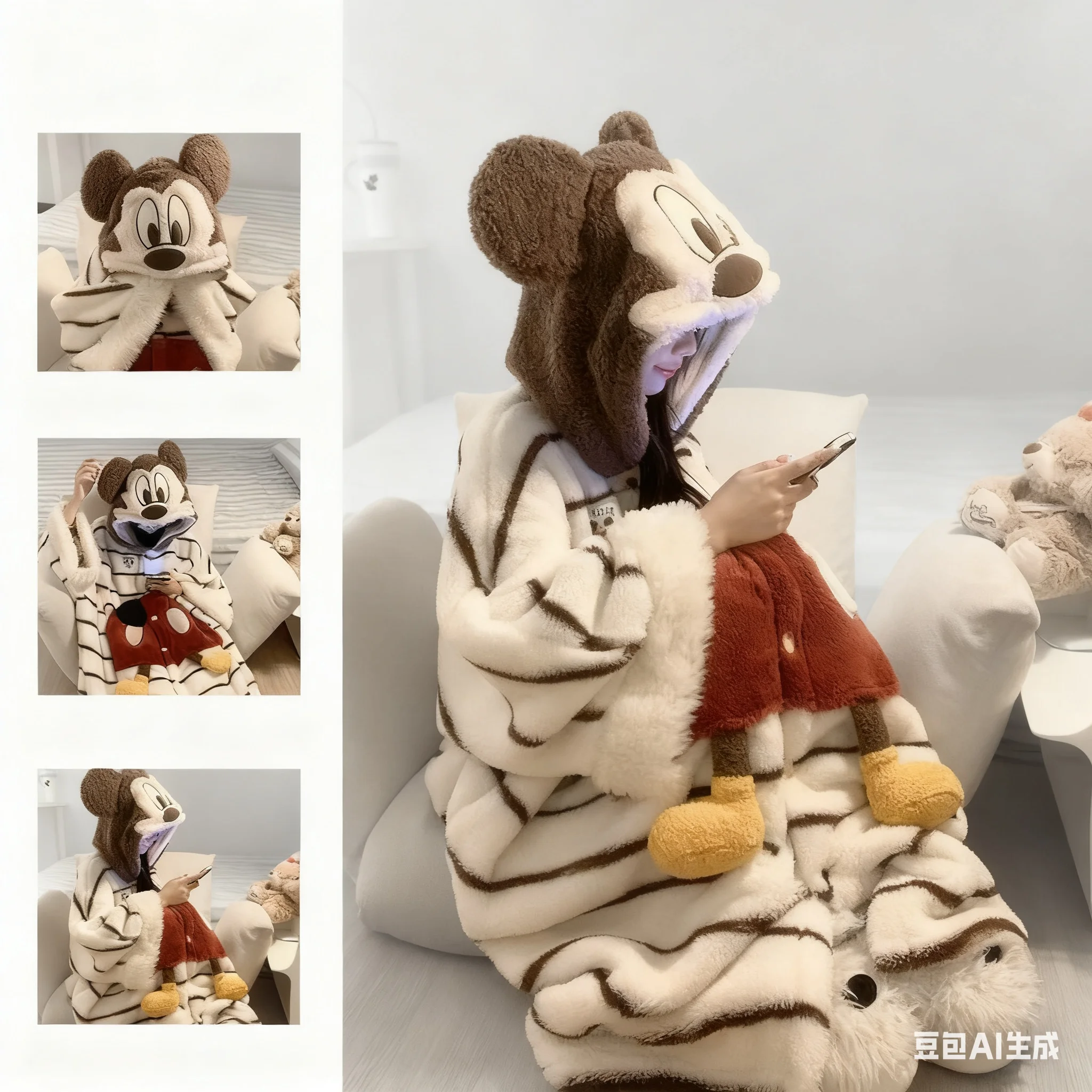 

Kawaii Disney Mickey Hooded Cloak Onesie Coral Fleece Winter Fleece-lined Loungewear Anime Peripheral Surprise Gift for Fans