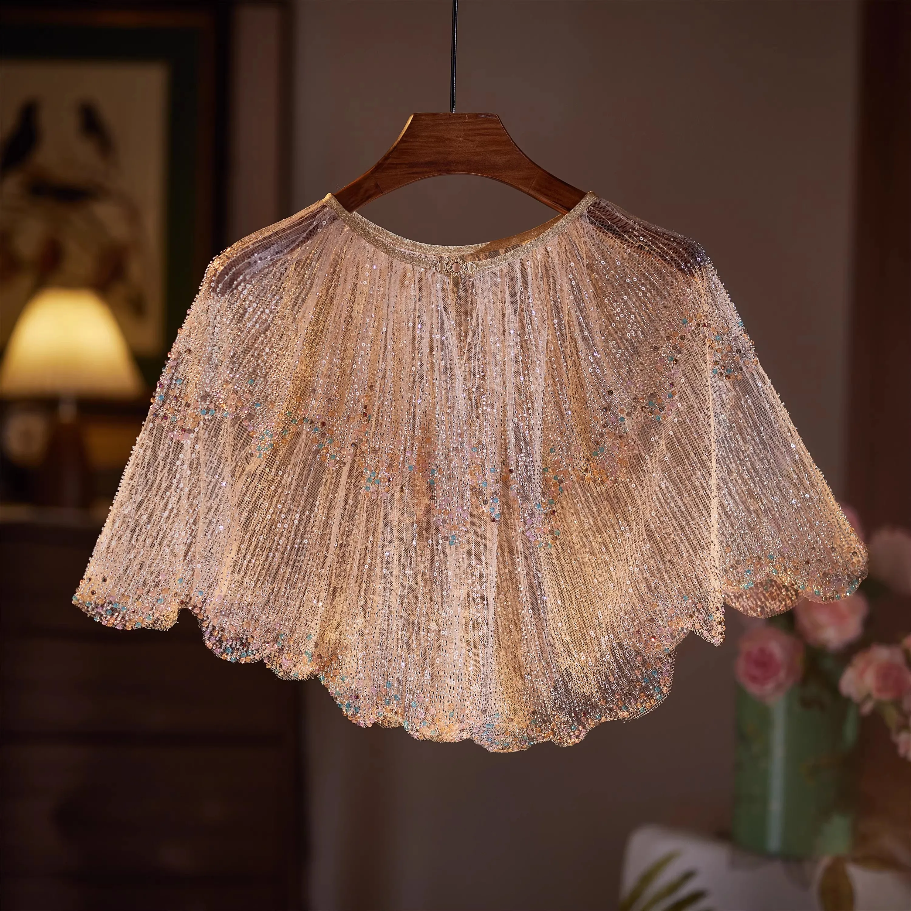 Handmade Beaded Embroidery Lace Short Jacket, Versatile Fairy Round Neck Cape Shrug Cover Up Shawl R2567