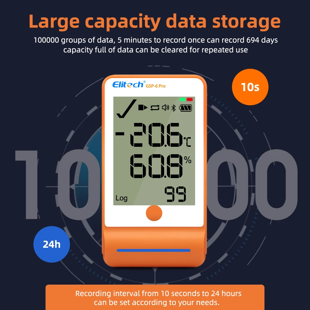 GSP-6PRO Bluetooth-Datenlogger für Temperatur und Luftfeuchtigkeit 100.000 Punkte, automatischer Bericht mit Alarm, Kühlschrank, Thermohygrometer-Recorder