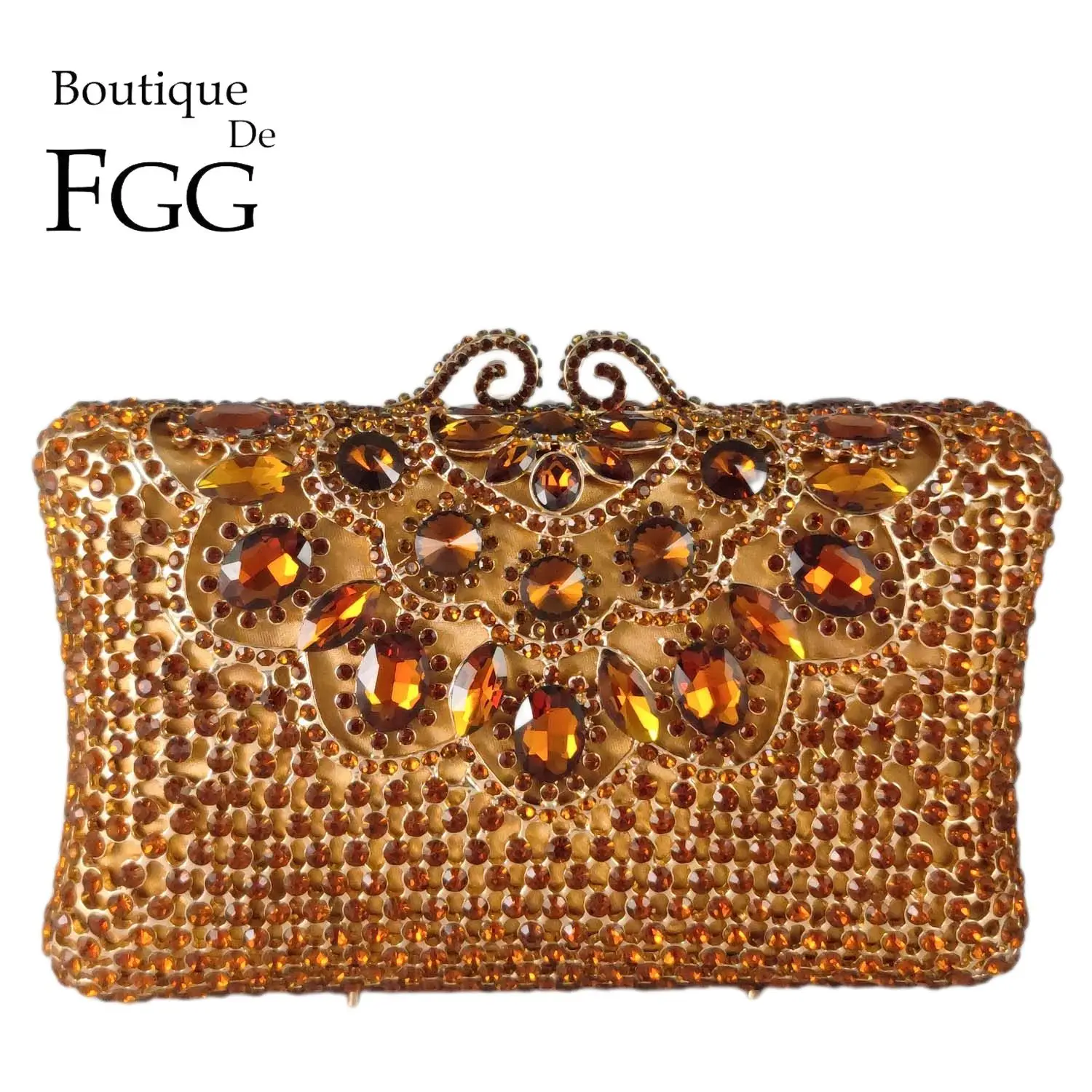 

Boutique De FGG Women Brown Evening Bags for Formal Party Rhinestone Handbags Wedding Bridal Bronze Crystal Clutch Purse