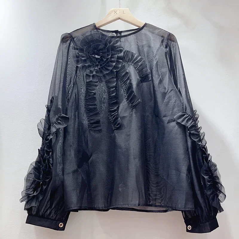 KUSAHIKI Chic Folds Ruffle Flower See Through Long Slevee Blouses Women Fashion Elegant 2023 Spring Summer Korean Blusas Shirt