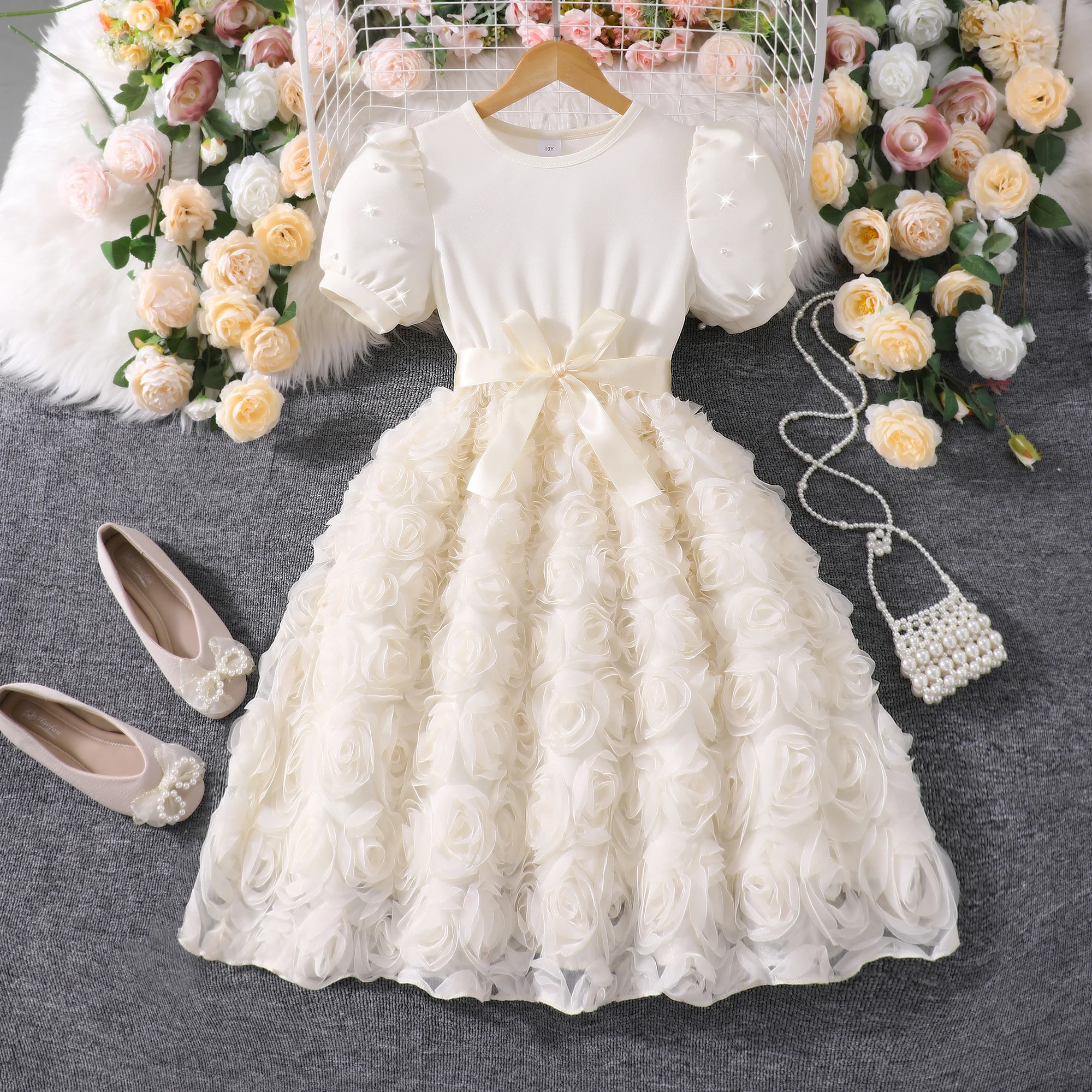 3D Rose Tulle Cream Dress | Pearl Embellished Princess Sleeve Formal Gown for Girls 8-12Y