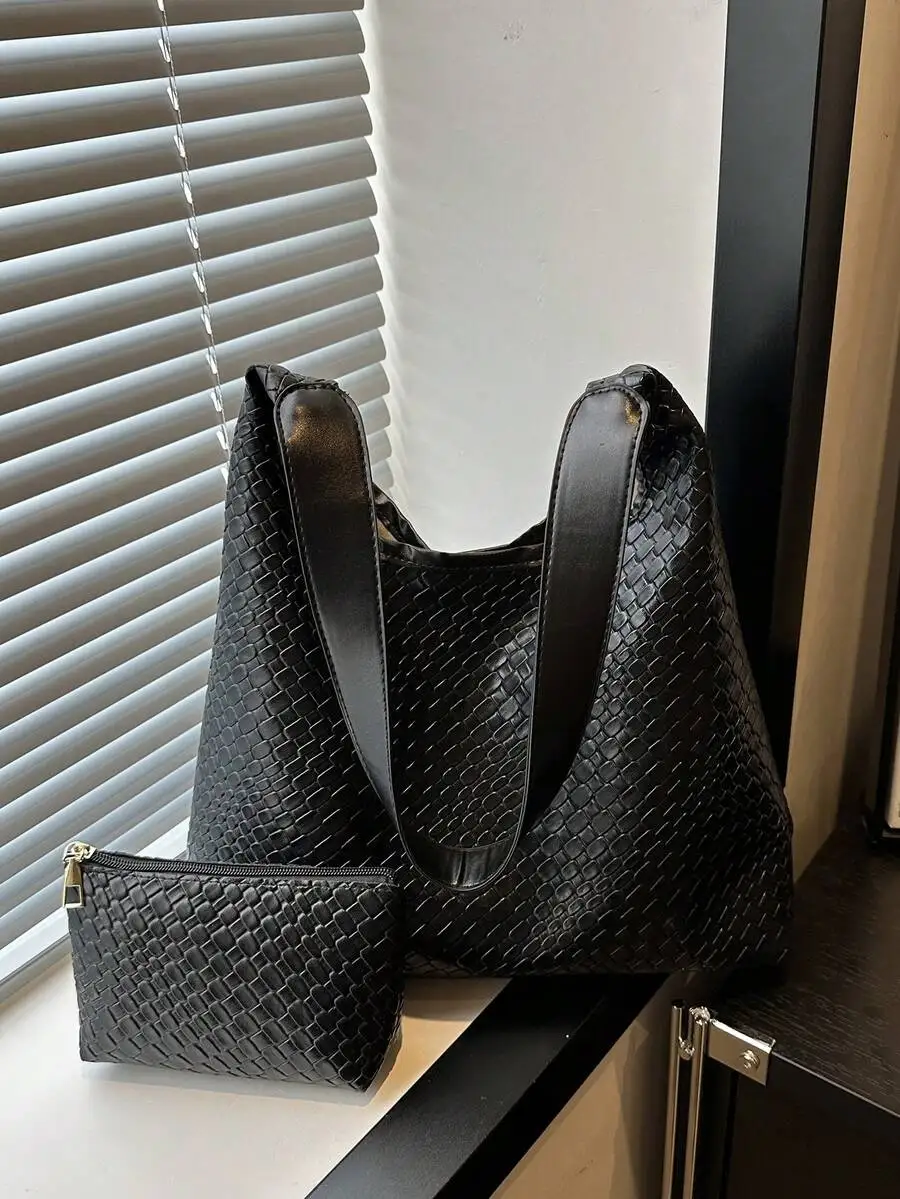 

Черная плетеная сумка-полумесяц из искусственной кожи с кошельком для монет в комплекте