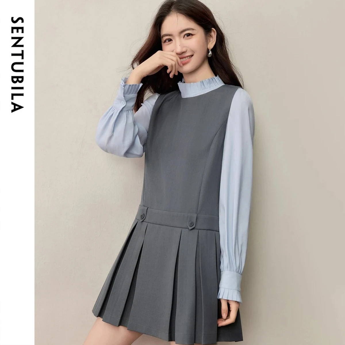 

SENTUBILA Women's Gray Sleeveless Pleated A-Line Dress 2025 Autumn New O-Neck Commuter Minimalist Dress 153LI3045