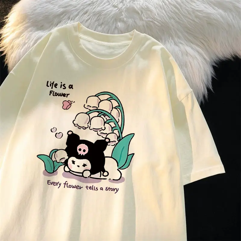 Cute Cartoon Sanrioed Kuromi Pure Cotton Summer Short Sleeved T-Shirt Women's Loose Half Sleeved Top