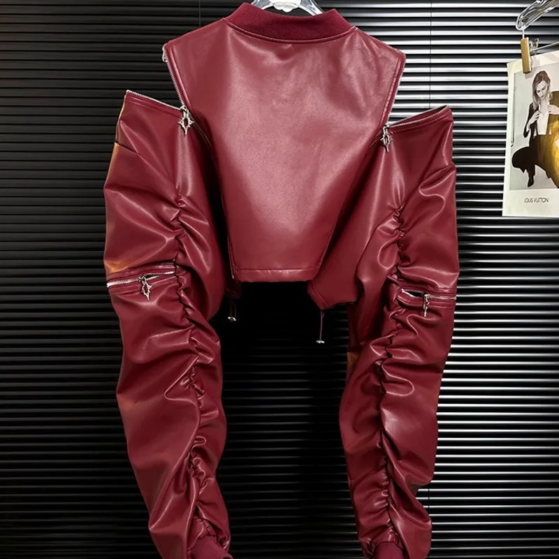 HKSH Herbst Neue Frauen PU Leder Jacke Stehkragen Langarm Plissee Zipper Streetwear Punk Techwear Chic Kurzen Mantel HK10136