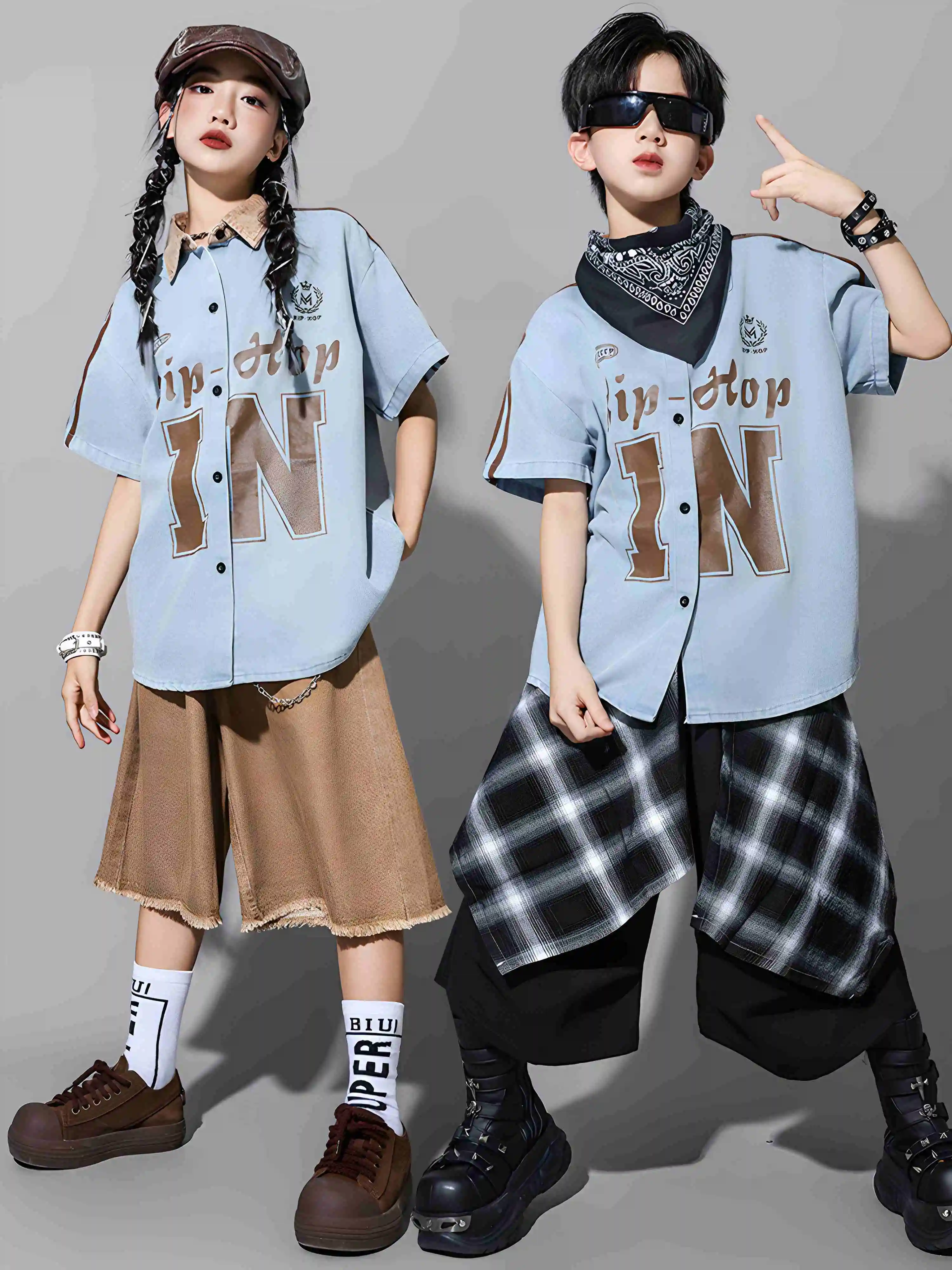 Girls Hip Hop Dance Costume Boys Denim Shirt Short Sleeves Kids Fashion Street Clothing Modern Jazz Dance Outfit Kpop BL16432