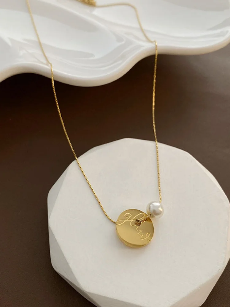 

Titanium Steel Nelace Women's Cross-Border Design Gold Coin Coin Pearl Simple Geometry Nelace Clavicle Chain Jewelry