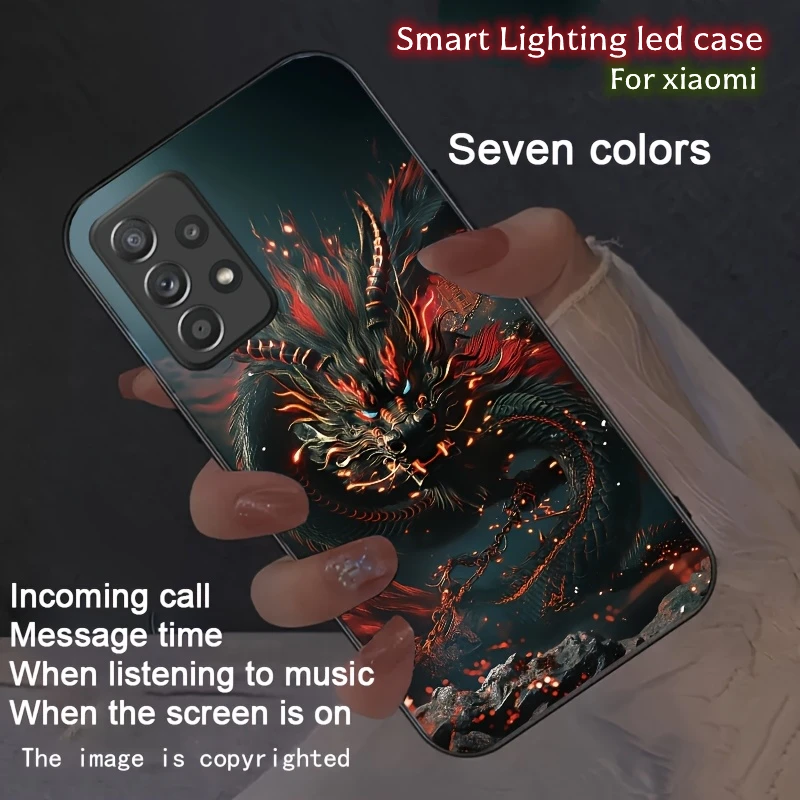 

For Xiaomi Redmi Note 14 12 13 15 Pro Plus 5G Poco X7 X6 X5 X3 Pro F7 F6 F5 LED Flash Cover Shell Black Dragon Glass Case Funda
