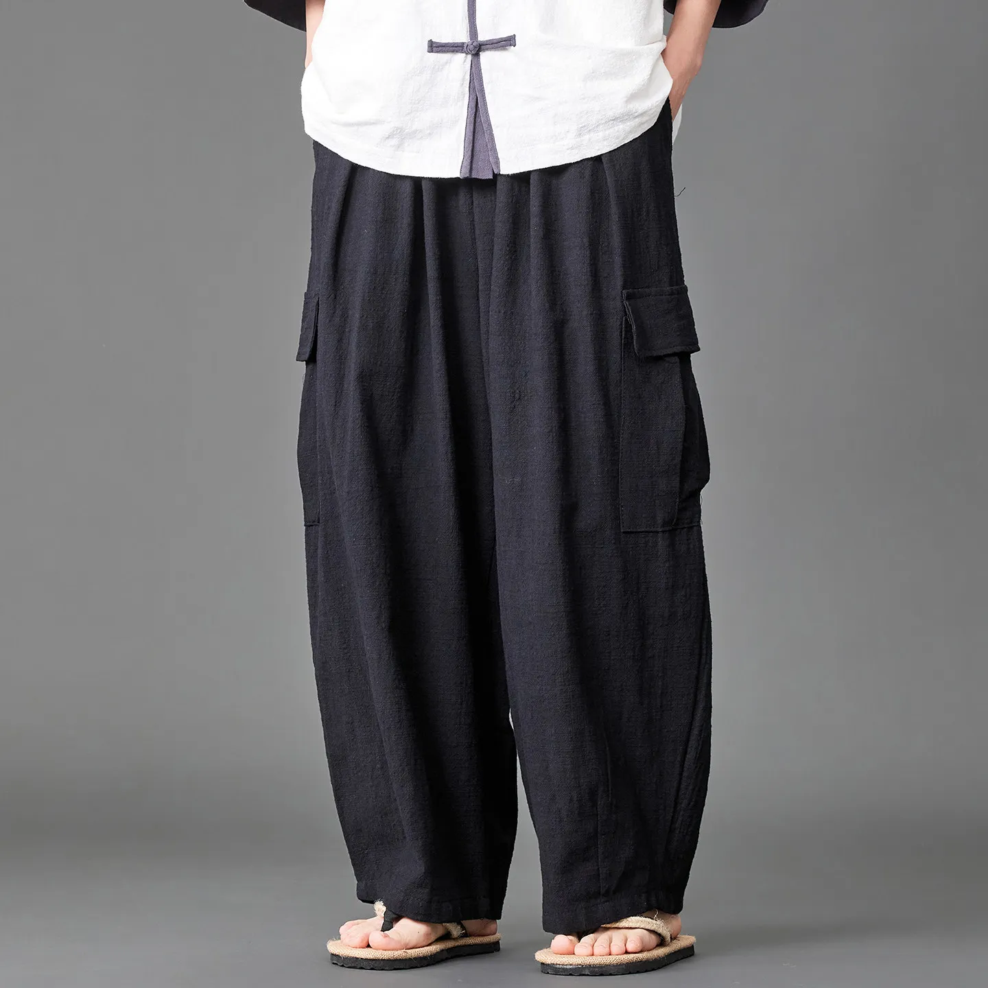 

Men Loose Cotton Wide Leg Pants Men Casual Summer Vintage Straight Pants Chinese Style Hanfu Trousers Male Soild Color Bottoms