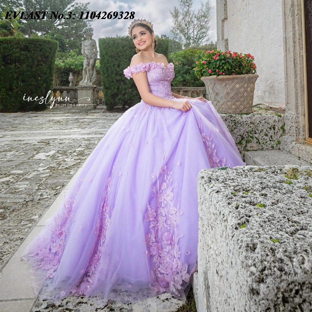 

EVLAST Customized Shiny Pink Floral Quinceanera Dress Ball Gown Lace Applique Beading Mexico Sweet 16 Vestido De 15 Anos E3Q274