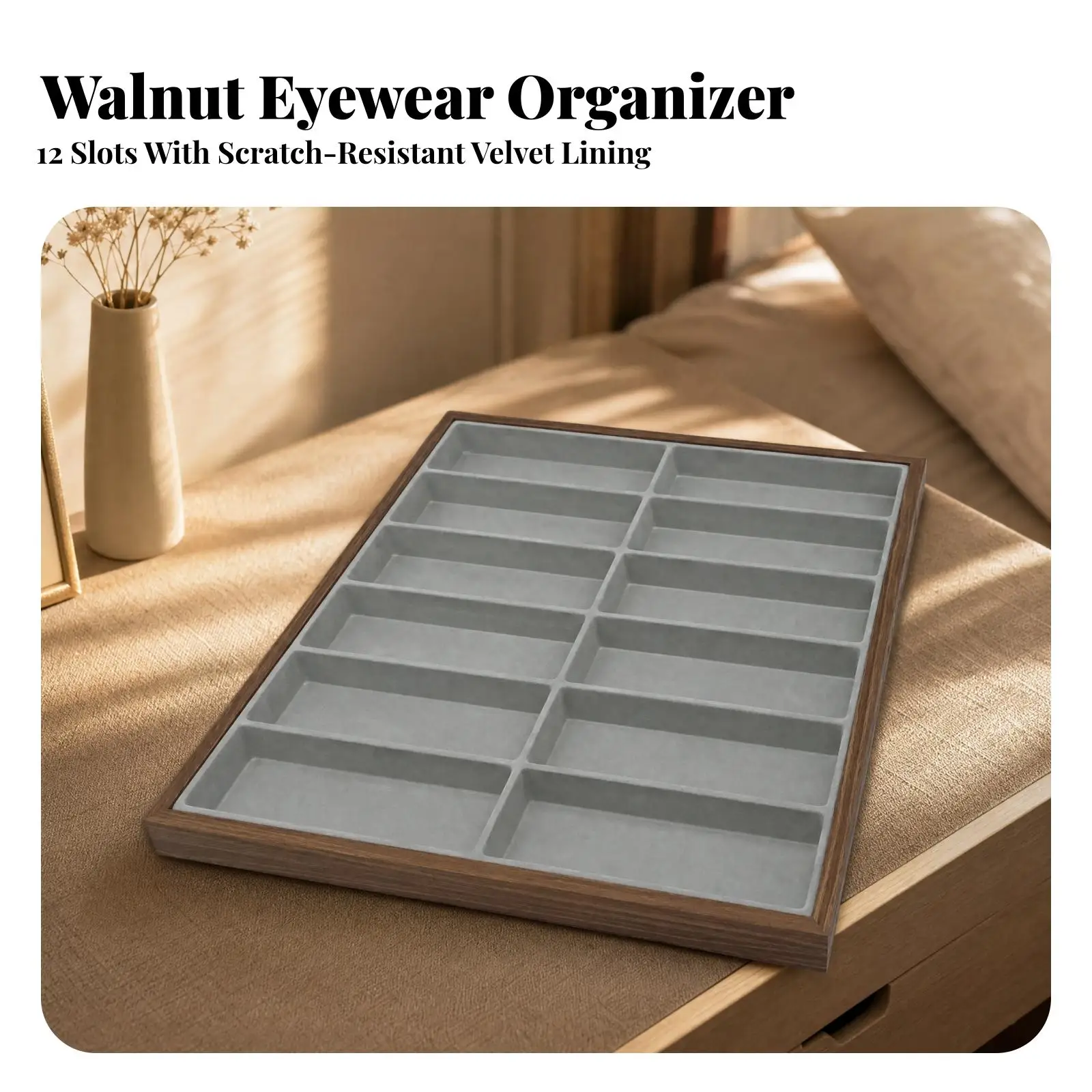 Gray Flocked Eyeglass Tray with Walnut Pattern Wooden Frame for Sunglasses Showcase and Home Storage