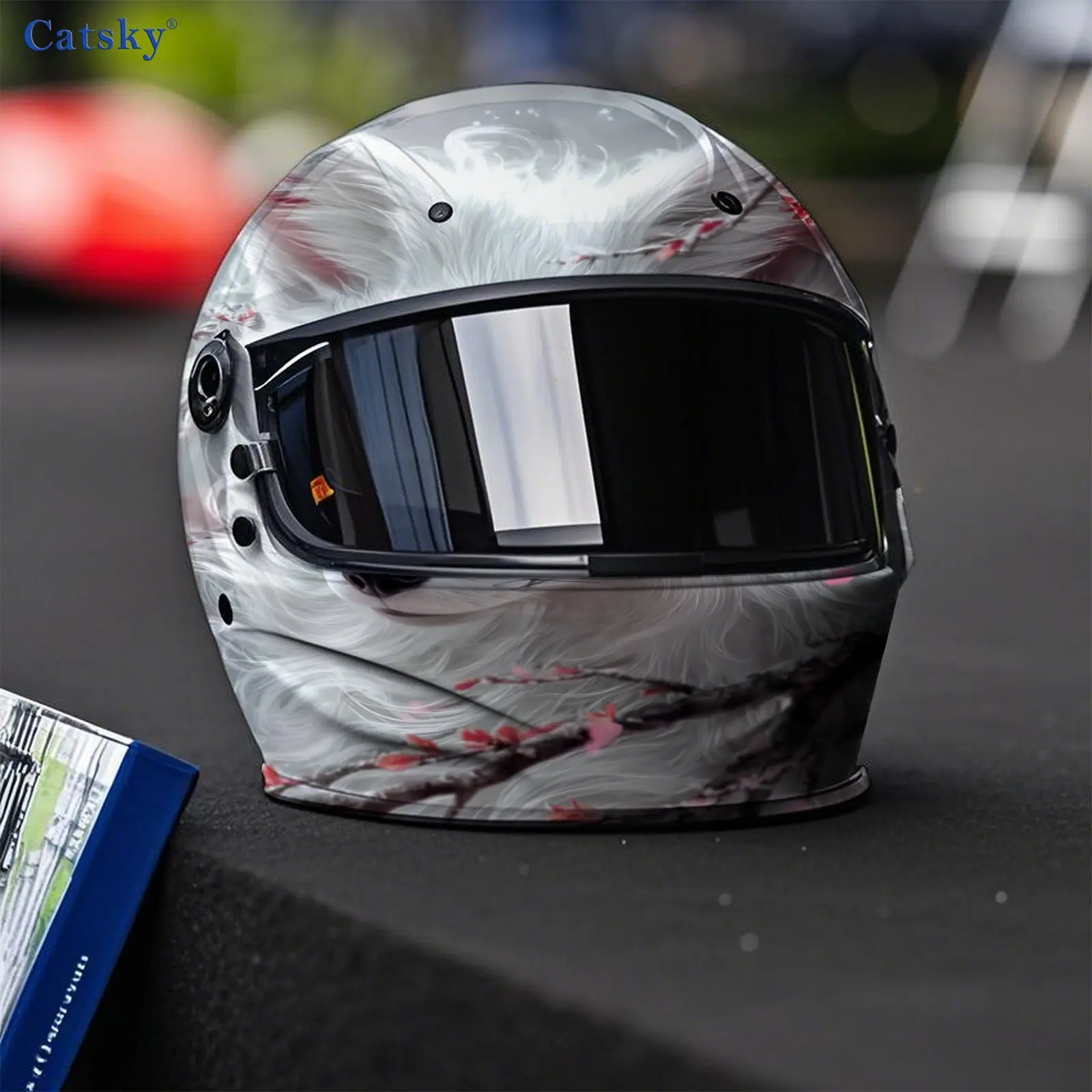 ملصقات خوذة الدراجة النارية ذات الثعلب الأبيض الدراماتيكي - مادة PVC متينة، ملصقات تزيين على طراز السباق، مقاومة للخدش ونحن #6