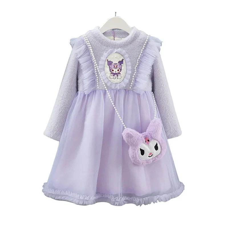 Anime Sanrioed Kuromi Children's Velvet Dress Kawaii Princess Dress Gauze Dress Fashion Skirt Thickened Warm Children's Clothing