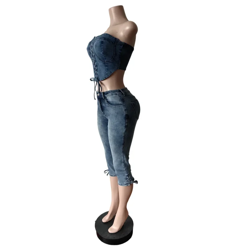 패션 섹시한 레이스 업 자르기 진 튜브 탑 여성 클럽 파티 탄성 스키니 자른 청바지 streetwear 두 조각 세트