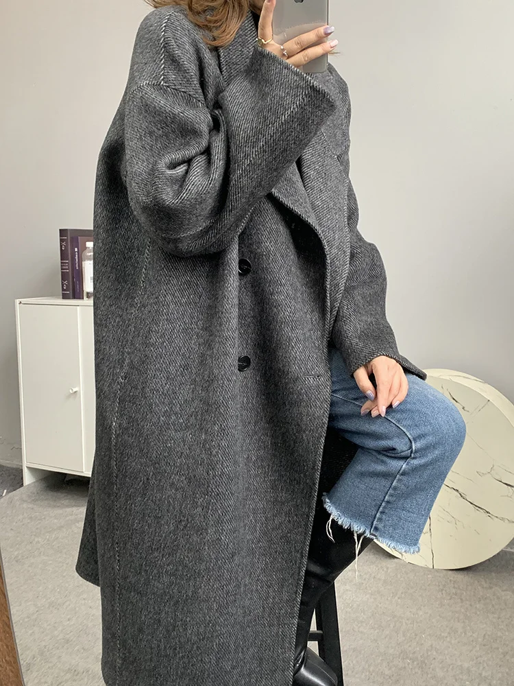 

2023 Who Wears and Likes Autumn and Winter Women's Double-sided Cashmere Coat Women's Medium Length Alpaca Gray Woolen Coat