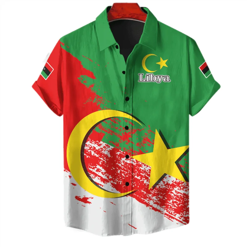 

State Of Libya Flag Map 3D Print Short Sleeve Shirts For Men Clothes Africa Dashiki Shirt Hawaiian Boy Lapel Blouse Kids Blouses