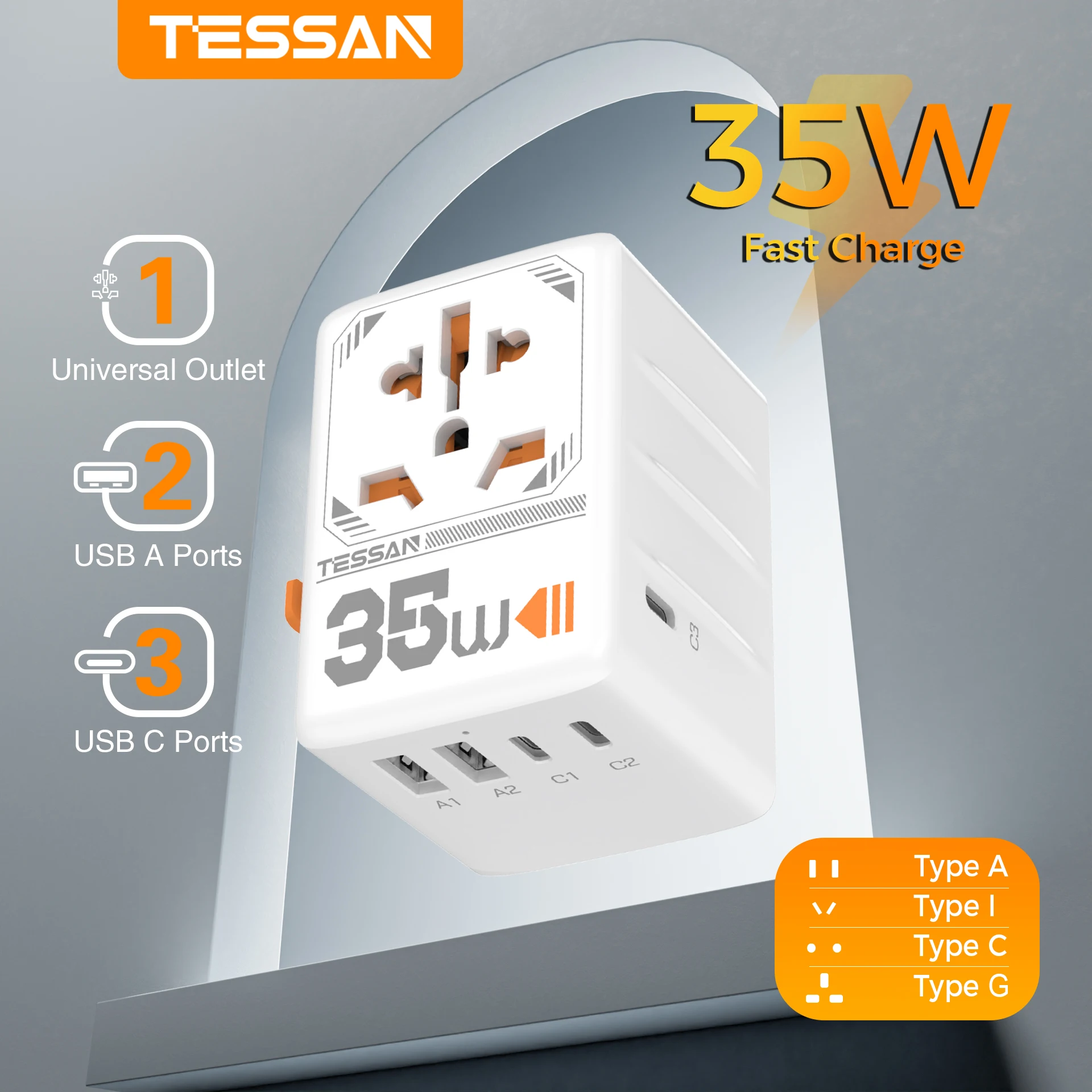 

TESSAN 35W 65W 100W 140W International Universal Travel Adapter GaN Fast Charging Compact Travel Adapter for EU/UK/US/AUS Plug
