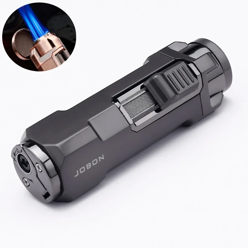 JOBON Strong Three Blue Flame Lighter Pull Down Ignition Bottom With Cigar Cutter Design Multi-Purpose Ignition Tool Gift Giving