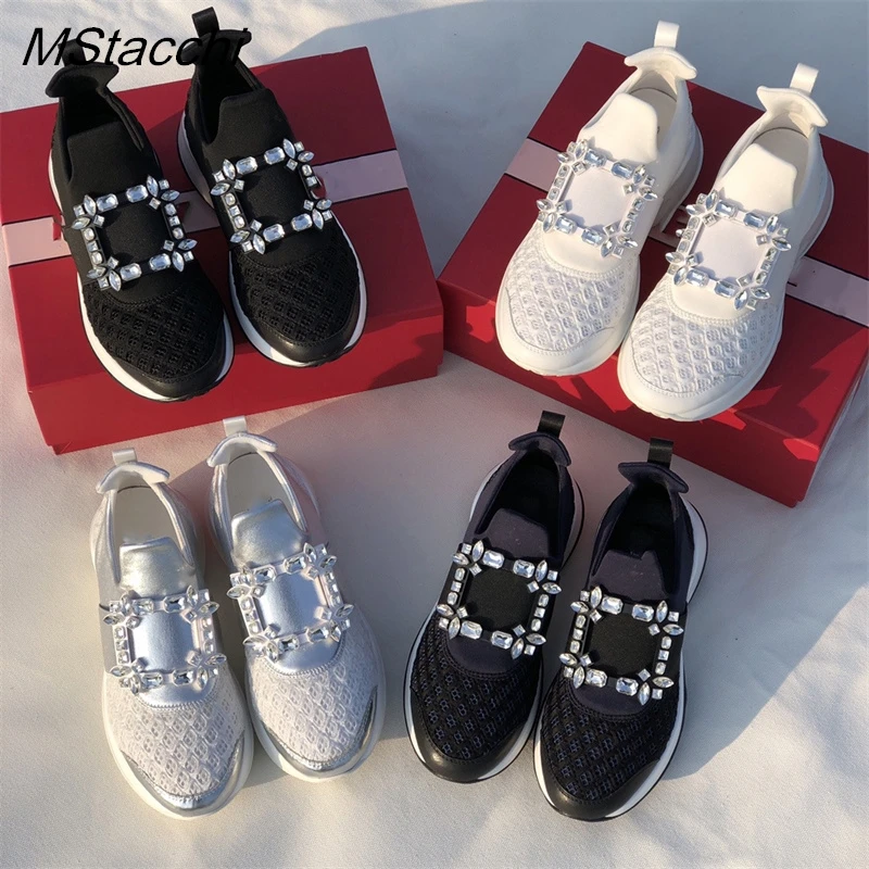 Crystal Buckle Womens Sneakers Elastic Breathable Mesh Platform Shoes Slip-on Trainers Sneakers Women Thick Bottom Casual Shoes