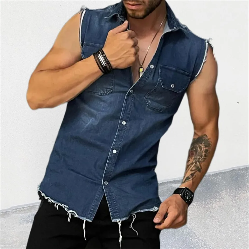 Fashion Men Summer Solid Color Denim Shirts Single-Breasted Design Pocket Decor Turn-down Collar Sleeveless Slim Cardigan Top