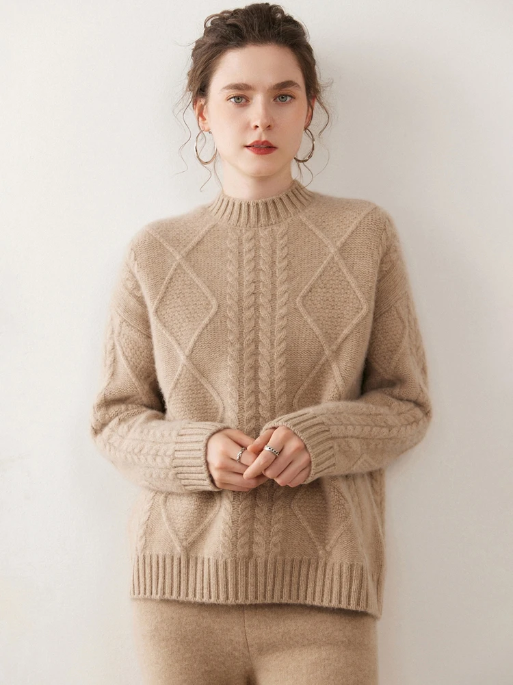

Chic Cable Stitch 100% Cashmere Women's Autumn Winter Thick Mock Neck Pullover Sweater Elegant Warm Soft Light Clothing Tops