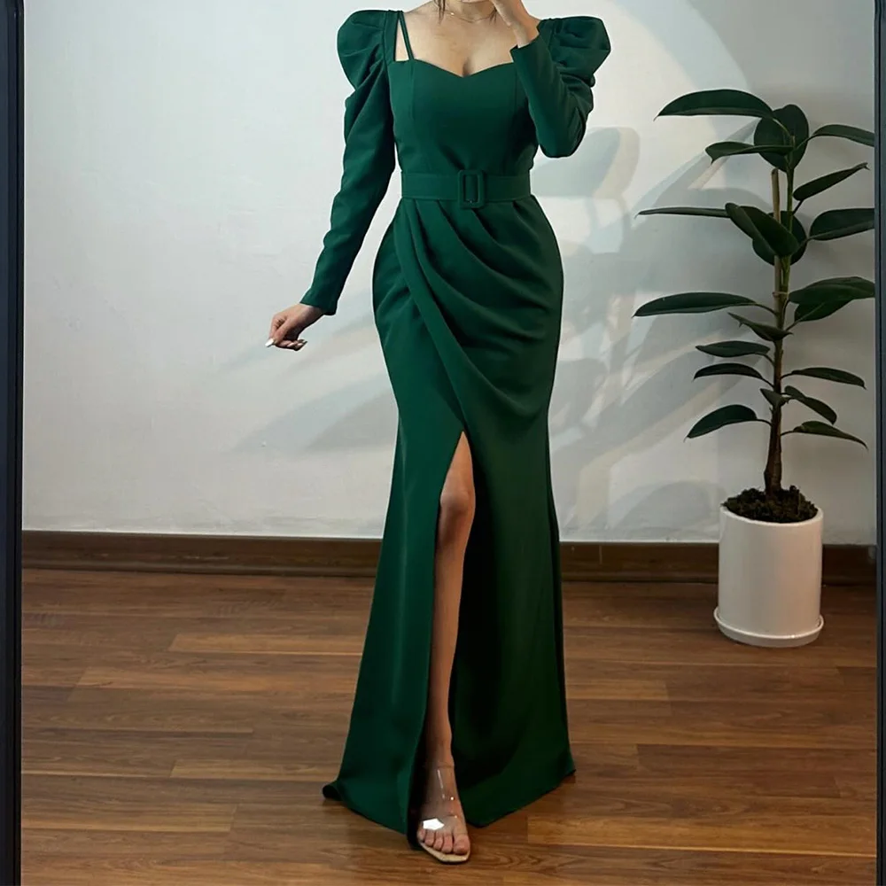 

Classic Square Neck Jersey Puff Sleeves Long Sleeves Straight Evening Dress Pleats Zipper Back Solid Green Color Floor Length