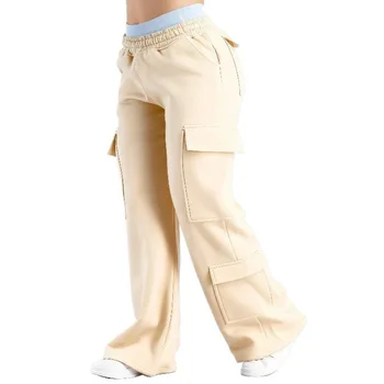 Women's Wide-Leg Cargo Pants 2 2026 Women‘s Wide Leg Cargo Pants Elastic Waistband with Large Pockets Casual Fitness Sportswear Y2k Long Pants 2