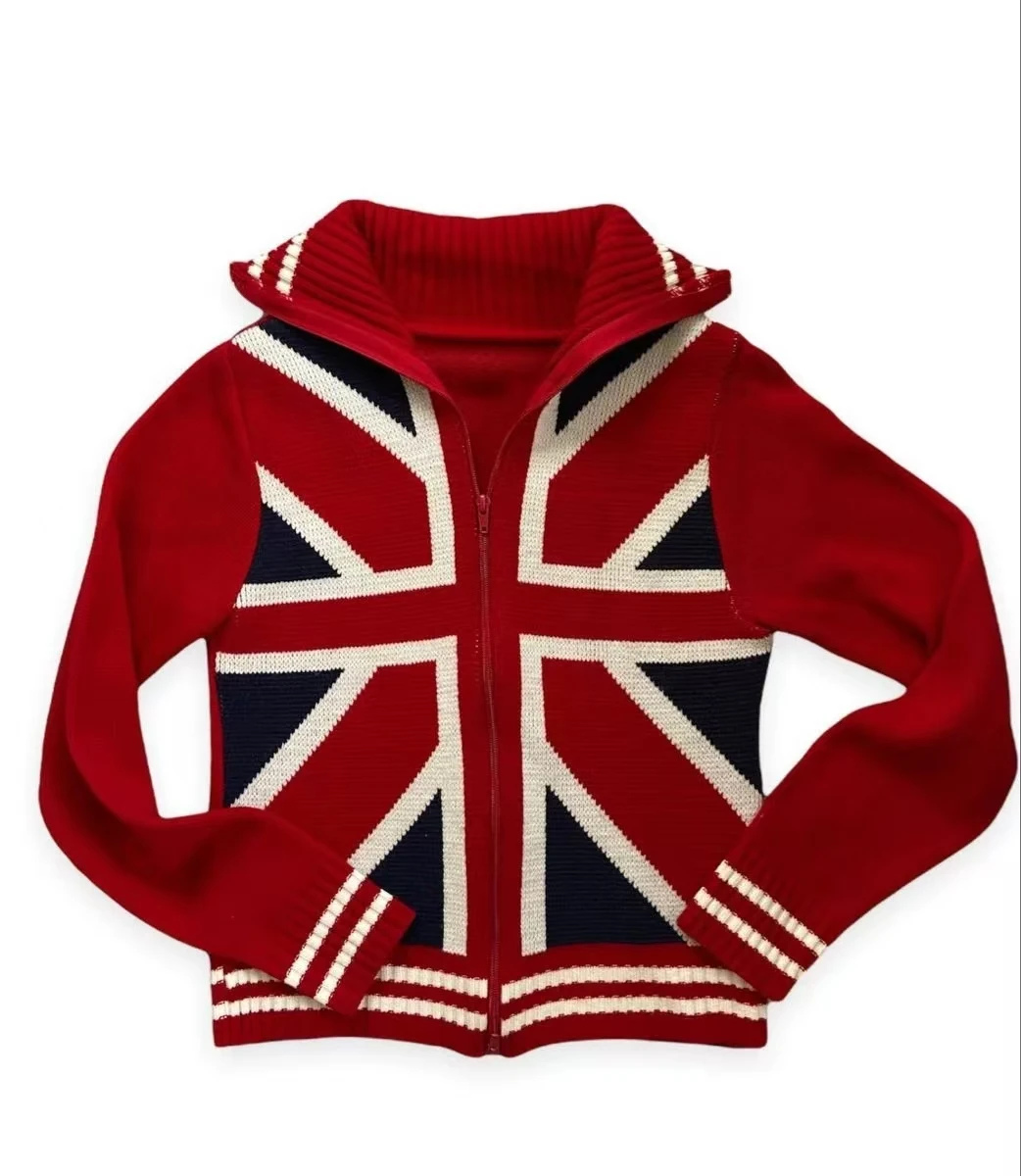 Y2K American Red Flag Striped Cardigan Sweaters Retro Fashion Men And Women Personalized Autumn And Winter Knitted Streetwear