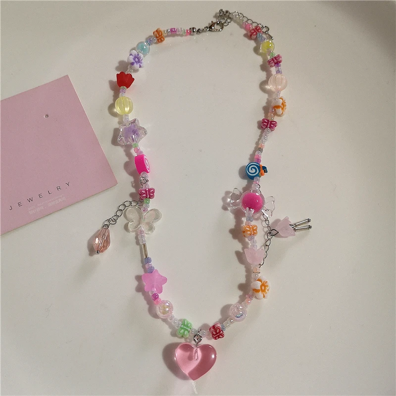 Y2K Goth Pink Cute Bowknot Love Strawberry Bead Necklace Neck Decoration Grunge EMO 2000s Aesthetic Scene Accessories For Girl
