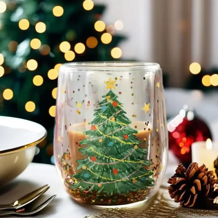 Christmas Double Wall Glass Cup Heat-resistant Water Cup Christmas Tree Snowman Pattern Juice Tea Milk Coffee Mug Xmas Gift