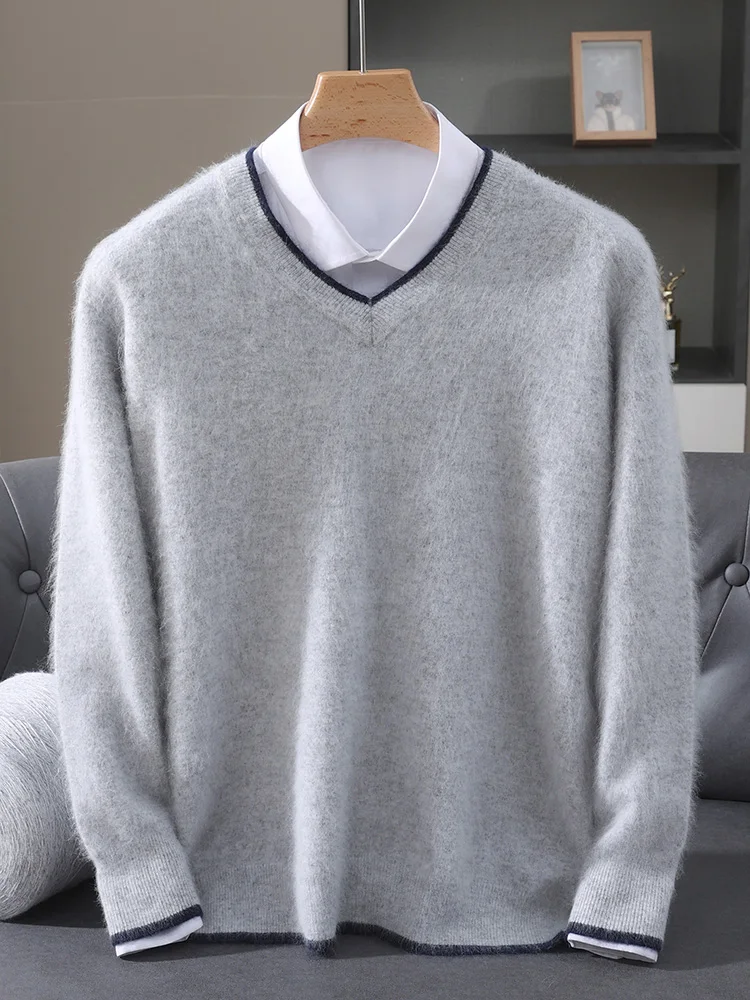 

TLOML New Men's 100% Mink Cashmere Sweater V-neck Pullover Autumn Winter Basic Soft Warm Casual Cashmere Knitwear Comfy Tops