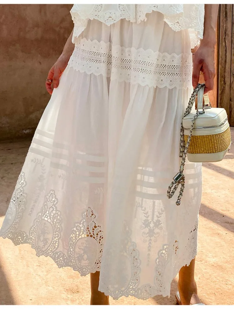 Bohemian White Square-neck Vest Top + Skirt 2-piece Set Women French Holiday Hollow Embroidery Skirt Set Casual Beach Outfits view 3