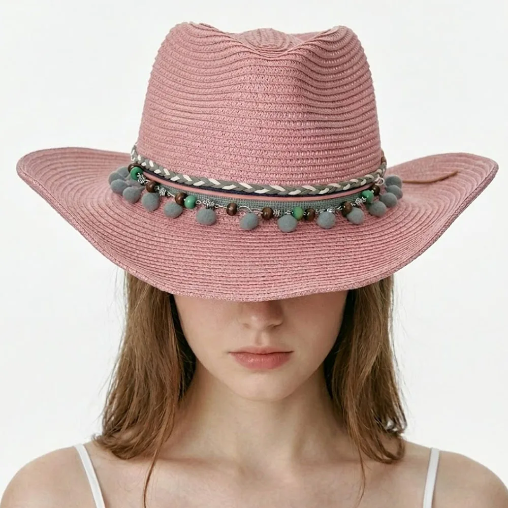 Pink Straw Western Cowboy Hat with Pom Pom Tassel Braided Band Wooden Beads Roll-up Brim Boho Cowgirl Sun Hats for Women party
