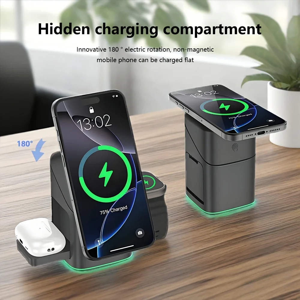 apple15w高速磁気ワイヤレス充電スタンド、magsafe対応iphone-17-16-15-14-13-12-pro-max用3-in-1ワイヤレス充電ステーション