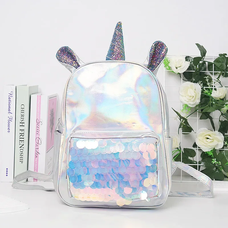 Girls and Boys Laser Unicorn Schoolbag For Women Silver Fashion Female Shiny Backpack Silver Waterproof Holographic Backpack