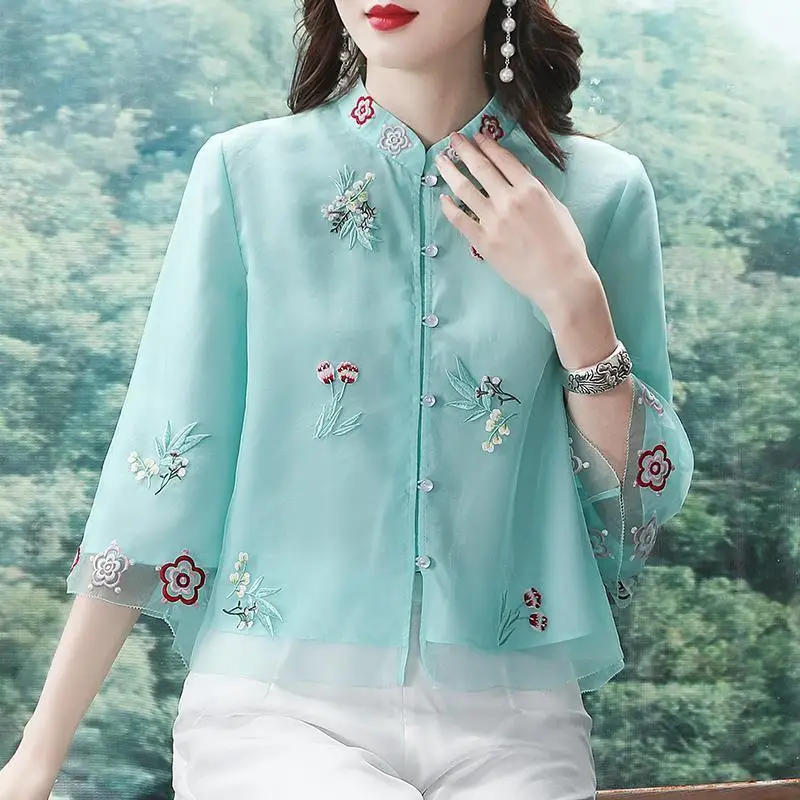 Spring and Autumn Ethnic Style Tang Suit Coat Retro Embroidery Button Chinese Top Women's Top Elegant Loose Blouse Chinese Top
