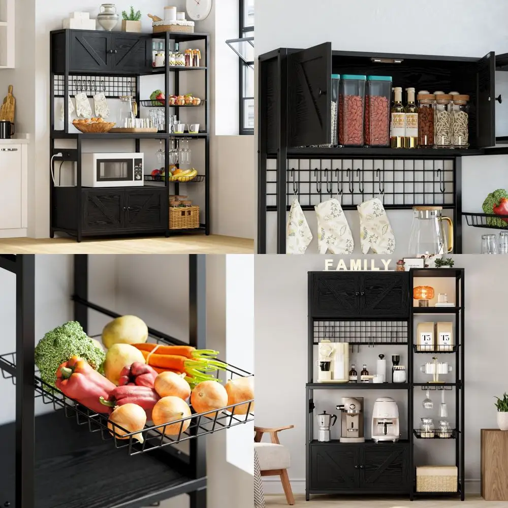 خزانة بار القهوة الصناعية مع خزائن تخزين ومخرج طاقة، وحامل ميكروويف للمطبخ مقاس 45.3 بوصة ووحدة رفوف