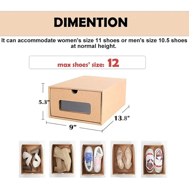 12 Pack Shoe Box Cardboard Shoe Storage Boxes with Transparent Window Waterproof Stackable Storage Boxes