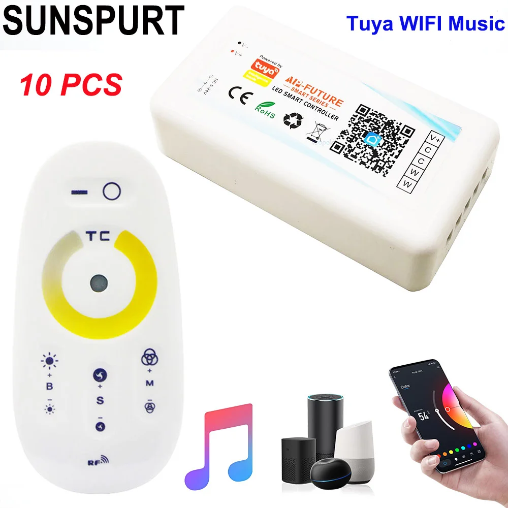 10P 2.4G Smart Dimmer Tuya Wifi Single color/CCT/RGB/RGBW/RGB+CCT LED Strip Controller DC5-24V Alexa Google Home Voice phone APP